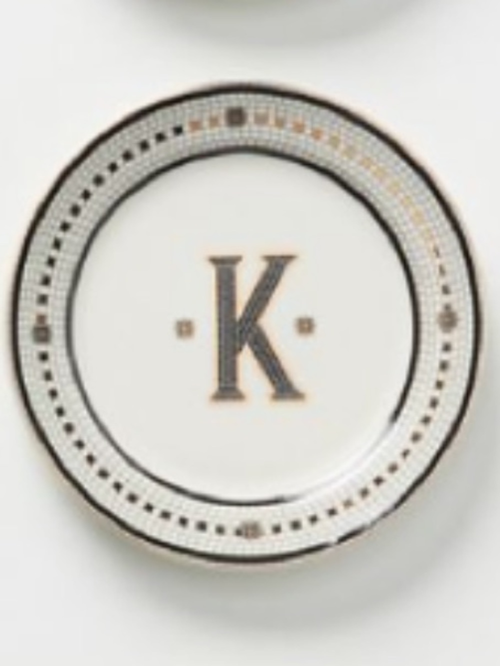ISO***** K Anthropologie White, Black & Gold Monogram K Dinner Plate